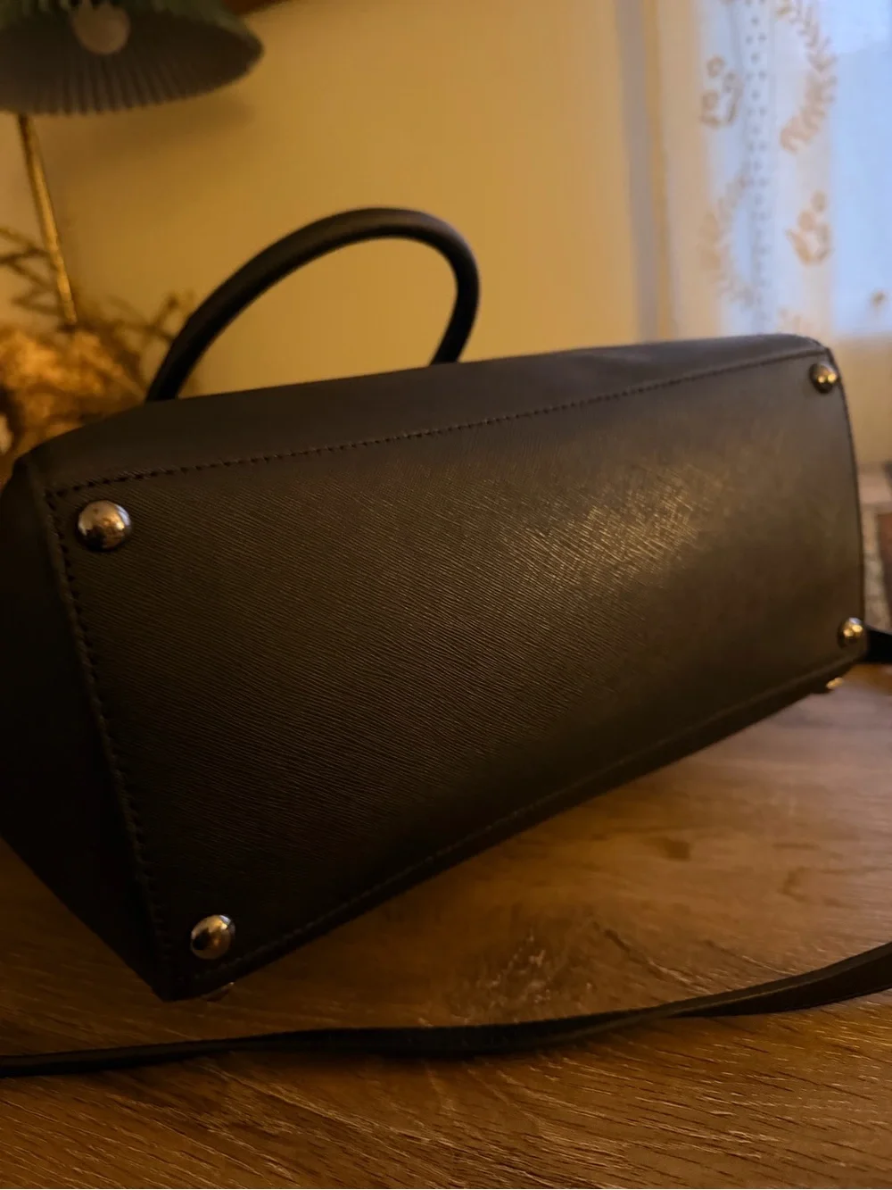 Michael Kors Black Tote Saffiano Studde Leather Satchel with Gold Hardware